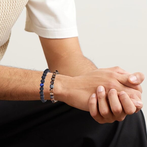 ⚡Rankeef Men 2 Lava Rock Tiger Eye 8MM Natural Stone Crystal Beaded Bracelet - Picture 4 of 7